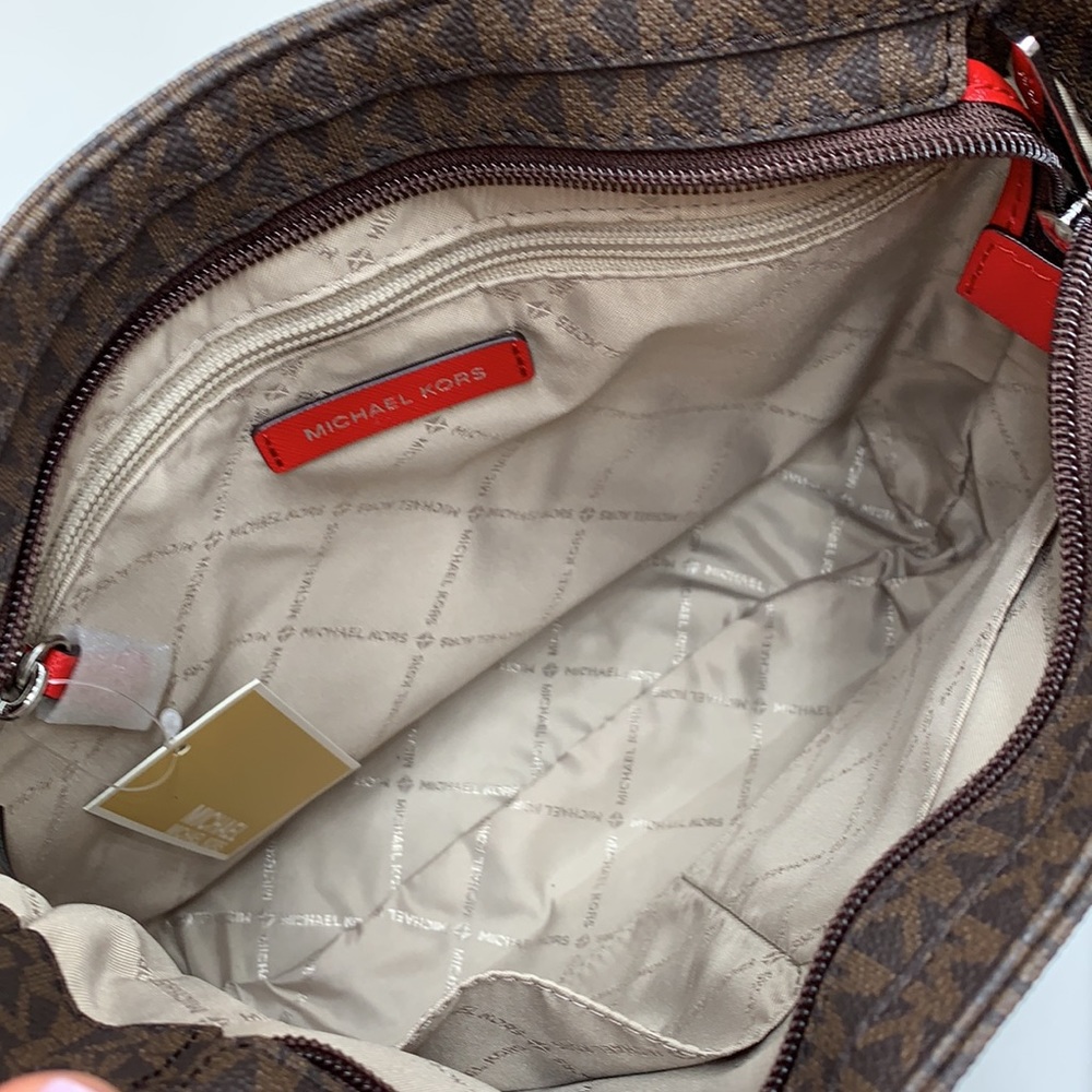 MICHAEL KORS 
Jet Set Travel Large Logo Messenger Bag BRIGHT RED/BROWN SIGNATURE - Picture 10 of 16